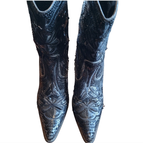 Black Sequin Western Cowgirl Heeled Booties - Picture 2 of 9